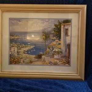 Unique relaxing beach front artwork sail boats palm trees